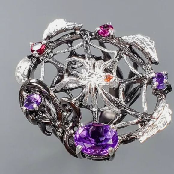 Amethyst & Garnet Sterling silver spiderweb ring sz8 - Picture 3 of 8